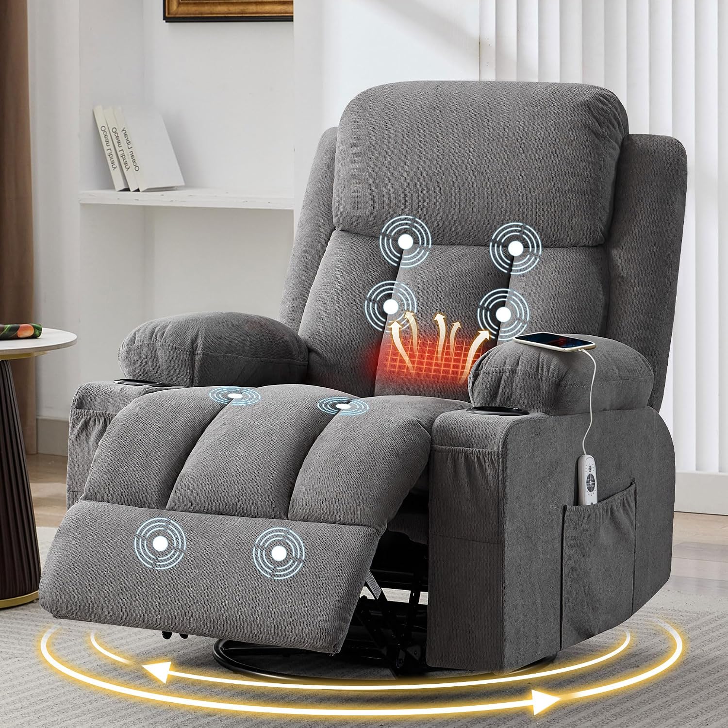 MAHOMICO Swivel Rocker Recliner Chair with Vibration Massage and Heat for Living Room,with Rocking Function and Side Pocket, USB Charge Port,2 Cup Holders