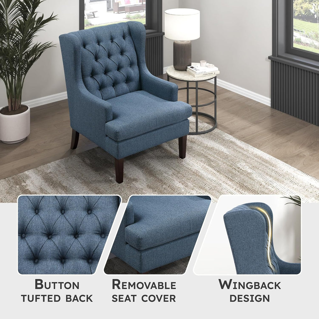 Lexicon Living Room Accent Chair, Textured Fabric Upholstered Reading Chair, Button-Tufted, High Wingback for Living Room/Bedroom/Office, Blue