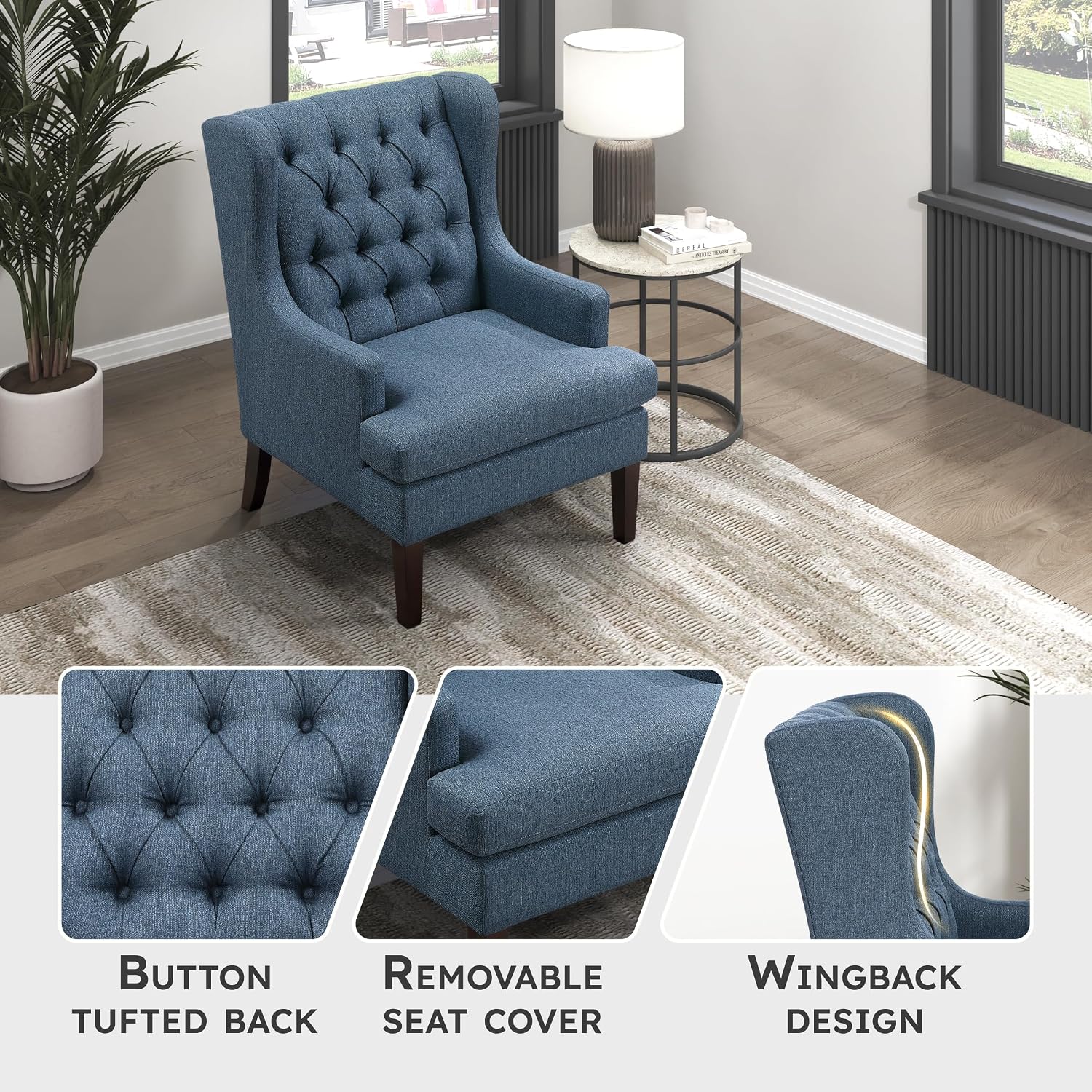 Lexicon Living Room Accent Chair, Textured Fabric Upholstered Reading Chair, Button-Tufted, High Wingback for Living Room/Bedroom/Office, Blue
