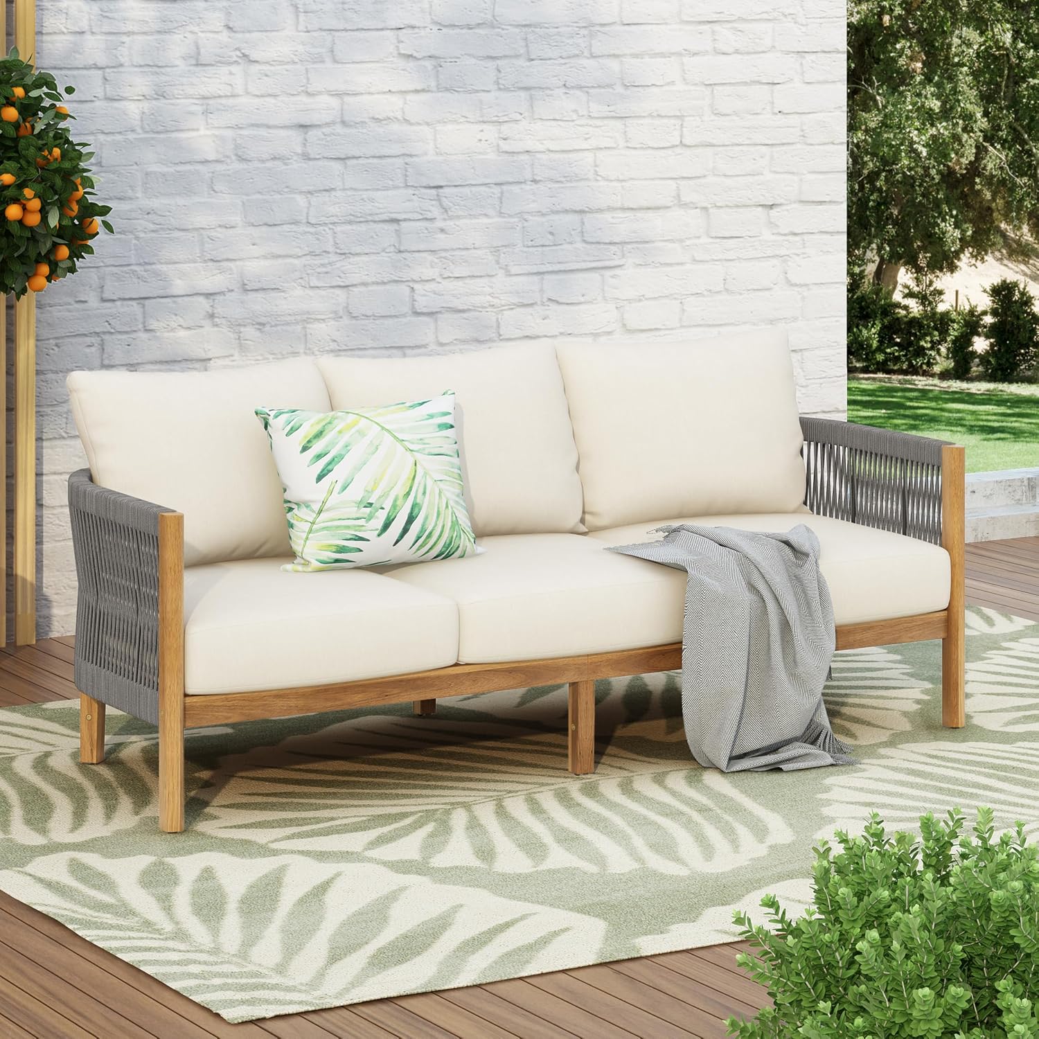 Christopher Knight Home Havets 77'W Outdoor 3 Seater Sofa, 6' Thick Cushion Couch, Acacia Wood Bench Sofa, Comfy Woven Rope Armchair, Spacious Seating Bench Couch for Backyard Garden Porch, Gray+Beige