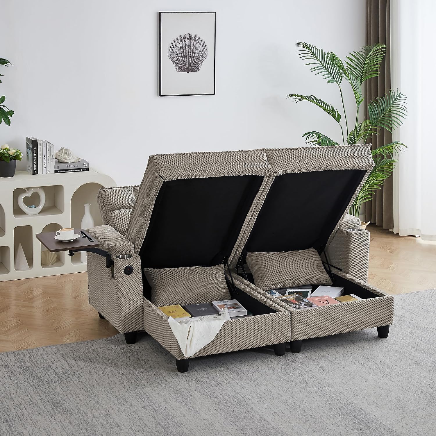 Eafurn Double Chaise Lounge Convertible Sleeper Chair Sofabed W/Storage and 6-Position Reclining Backrest, Modern Tufted Recliner Lounge Chaise Couch with Swivel Table & USB for Living Room