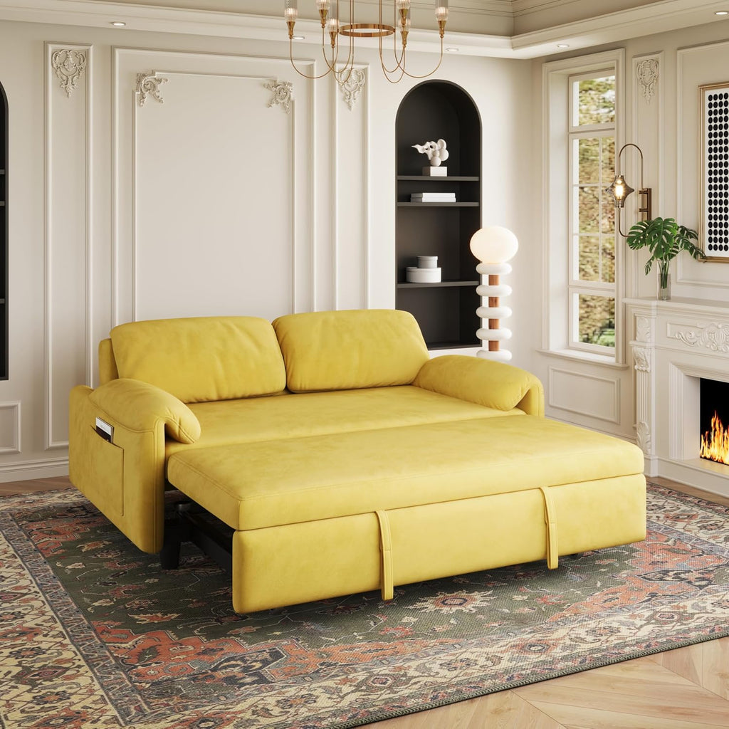 KEIKI Velvet 3 in 1 Convertible Full Sofa Bed with Pull-Out Sleeper, Adjustable Backrest, Side Pockets & Recliner Function, Space-Saving Sofa for Small Rooms, Yellow
