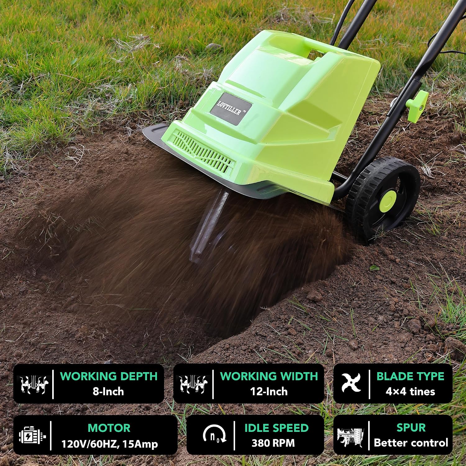 15AMP Electric Corded Garden Tiller Cultivator 12INCH Power Rototiller for Gardening with Adjustable Wheels