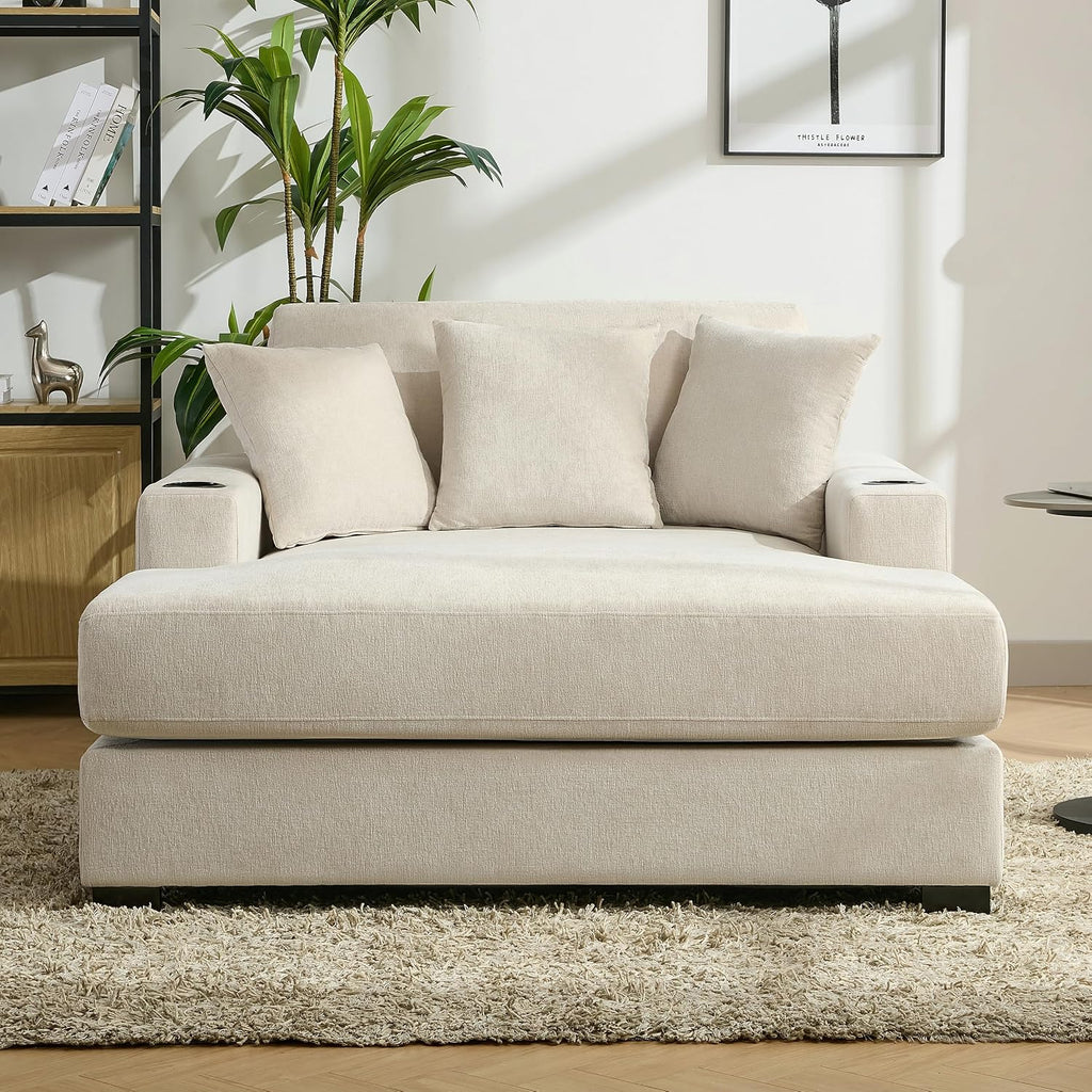 Merax Modern 55' Chaise Lounge with Pillow, Charge Station & Cup Holders,Upholstered Sofa Recliner Chair for Living Room Bedroom Cream