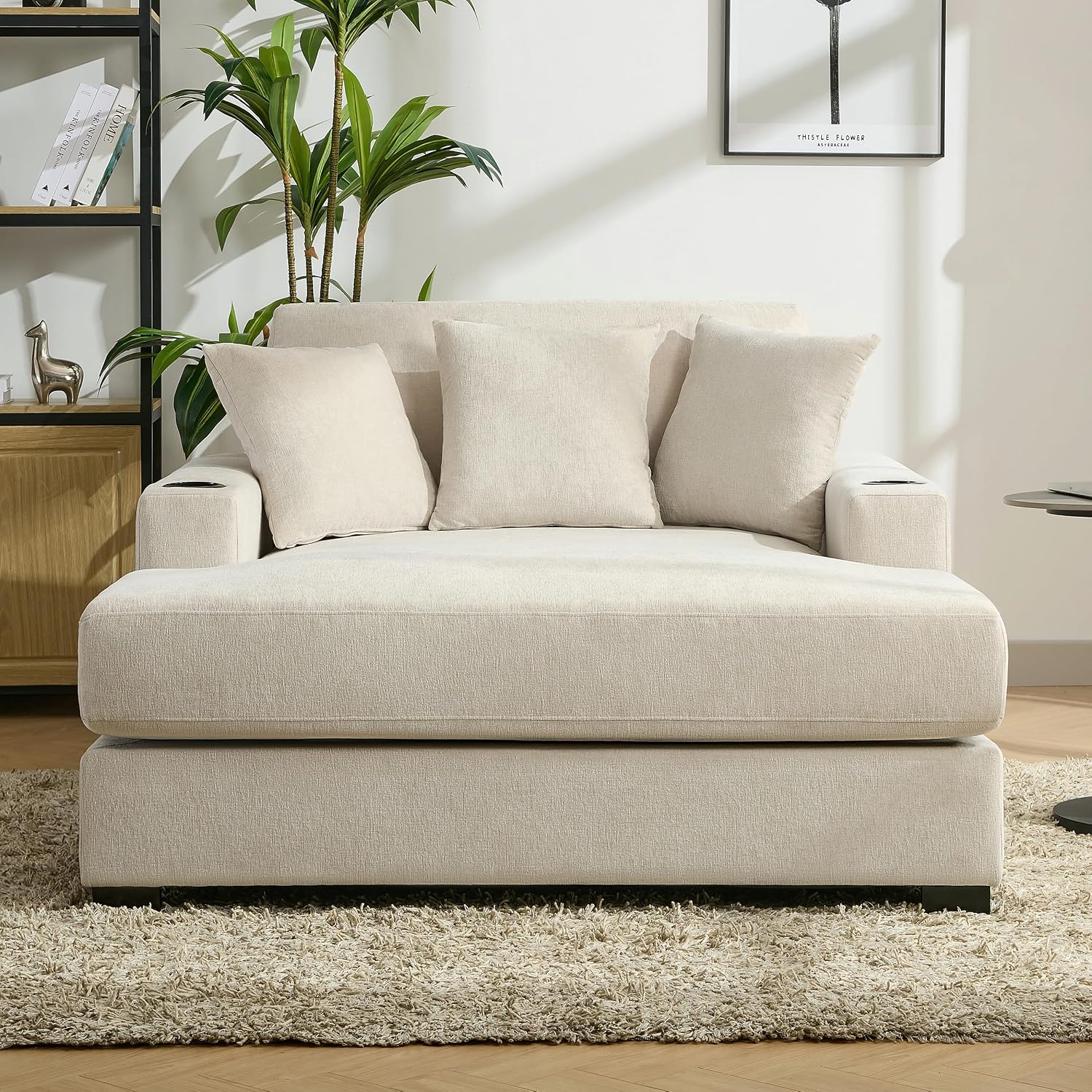 Merax Modern 55' Chaise Lounge with Pillow, Charge Station & Cup Holders,Upholstered Sofa Recliner Chair for Living Room Bedroom Cream