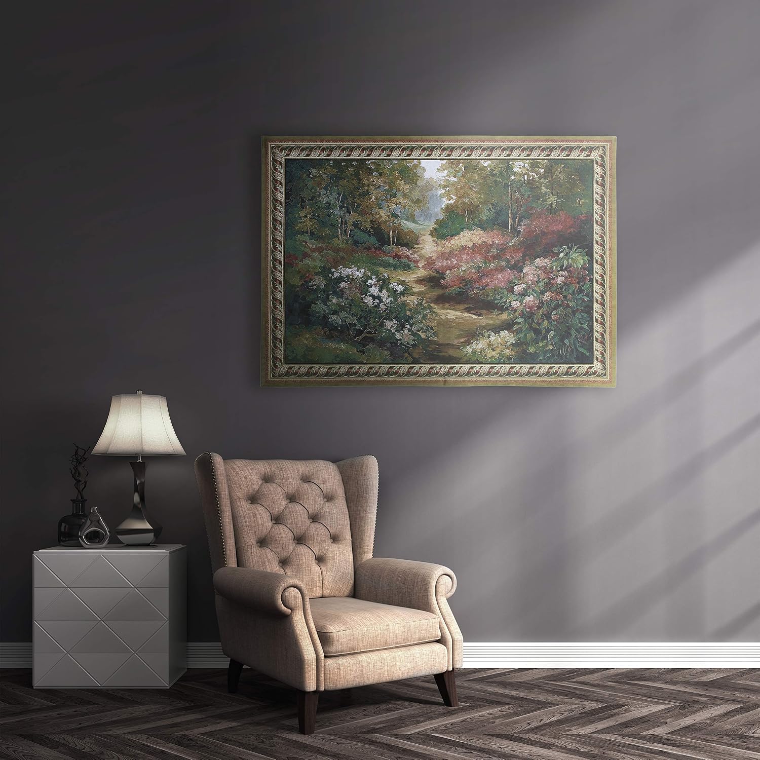 Along the Garden Path by Alix Stefan | Woven Tapestry Wall Art Hanging | Blooming Flowers Nature Trail Artwork | 100% Cotton USA Size 68x53