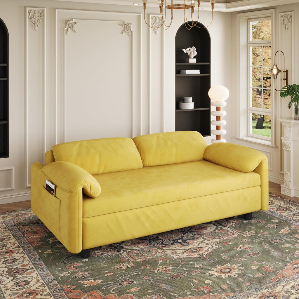 KEIKI Velvet 3 in 1 Convertible Full Sofa Bed with Pull-Out Sleeper, Adjustable Backrest, Side Pockets & Recliner Function, Space-Saving Sofa for Small Rooms, Yellow