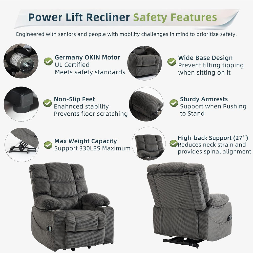 Power Lift Recliner Chair for Elderly, Overstuffed Back Lift Chair with Massage/Heat, Power Recliner Lay Flat 160° Cup Holders for Living Room（Grey）