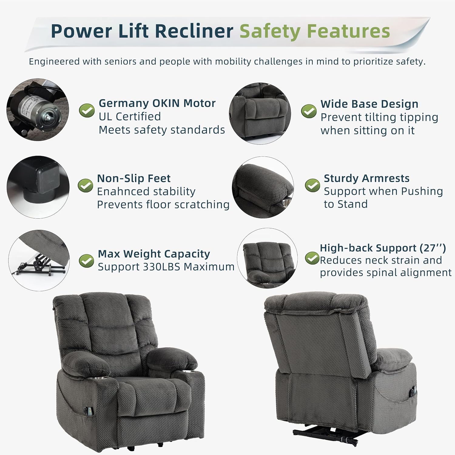 Power Lift Recliner Chair for Elderly, Overstuffed Back Lift Chair with Massage/Heat, Power Recliner Lay Flat 160° Cup Holders for Living Room（Grey）