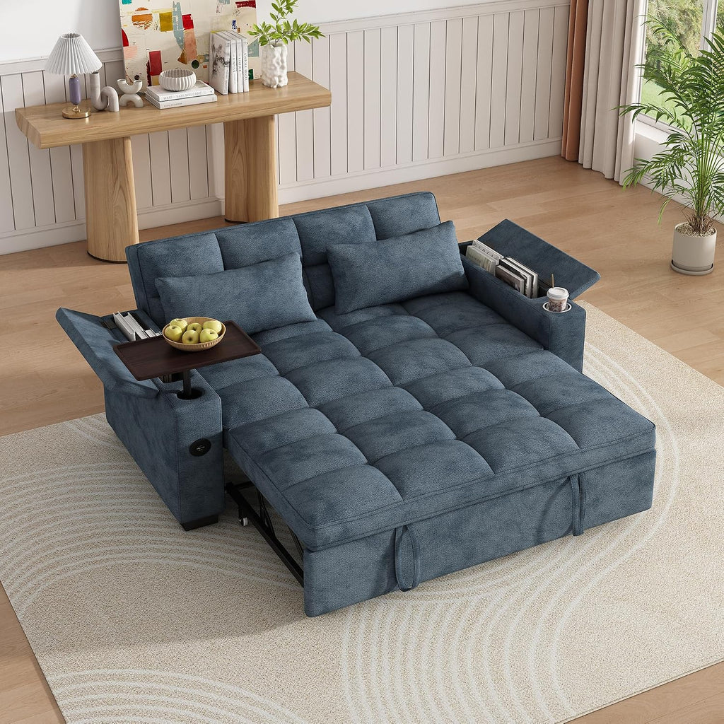 KEIKI 65' 3-in-1 Convertible Sofa Bed, Space-Saving Pull-Out Sleeper Couch with 90° Swivel Side Table, USB & Type-C Charging Ports, Hidden Storage, Modern Futon Sofa for Apartments & Small Spaces