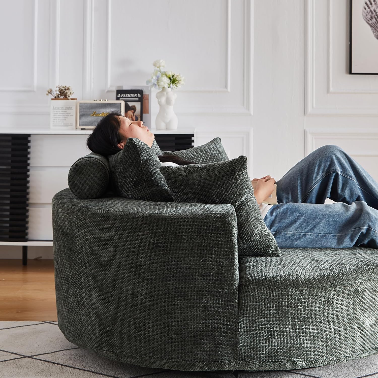 KEIKI 55' Oversized Swivel Accent Chair, Large Barrel Chairs Upholstered Round Swivel Chair, Chenille Single Sofa Armchair, Sleeper Chair for Living Room, Lounge, Green