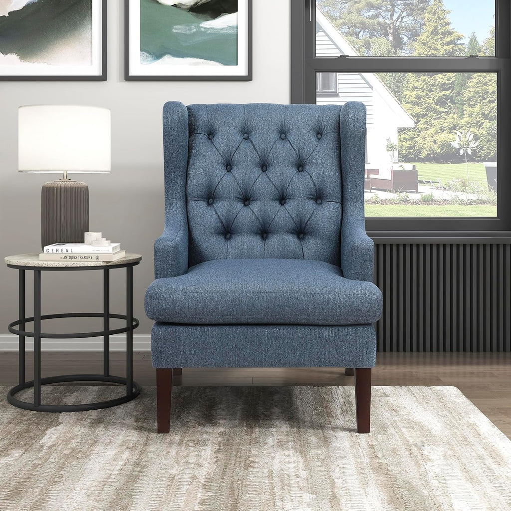 Lexicon Living Room Accent Chair, Textured Fabric Upholstered Reading Chair, Button-Tufted, High Wingback for Living Room/Bedroom/Office, Blue