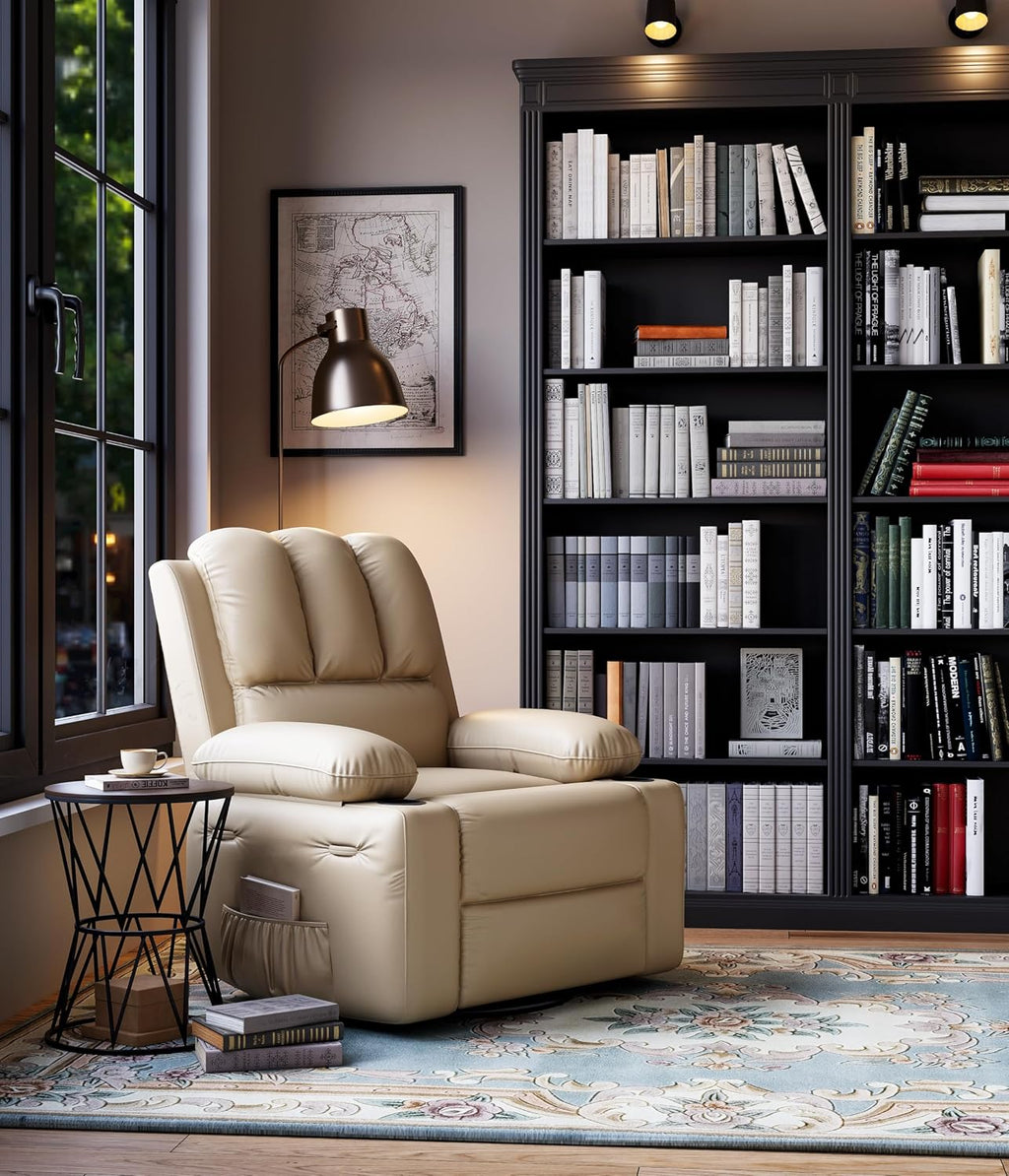 GarveeHome Oversized Recliner Chairs with Heat and Massage - 360° Swivel Lazy Recliner Chair for Adults- Manual Chair with Cup Holder for Living Rooms, Bedrooms and Nurseries - Creamy