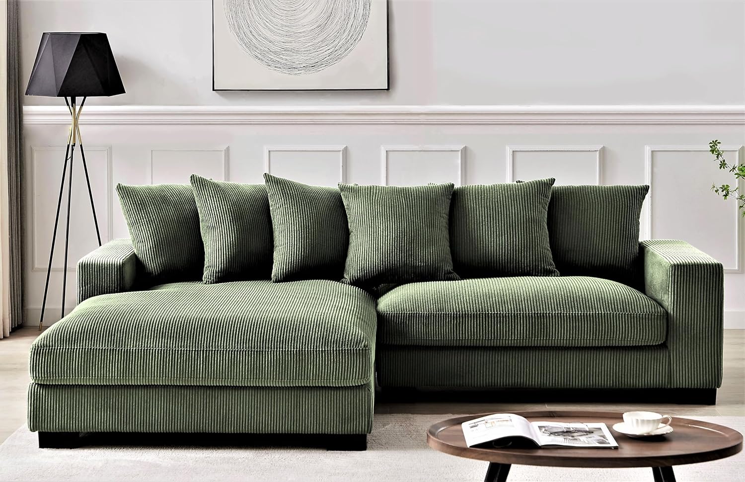 Container Furniture Direct Luxe Oversized Two-Piece Sectional Couches for Living Room, 102.4-Inch L Shaped Sofa with Chaise, Upholstered with Corduroy Fabric, Dark Green - Left Facing