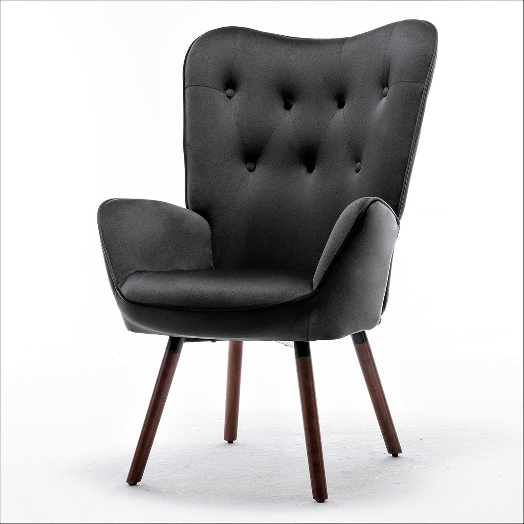 Container Furniture Direct Chic Accent Arm Chairs for Living Room, Bedroom, or Home Office, Button-Tufted Midcentury Armchair with Wingback Design and Splayed Legs, Black