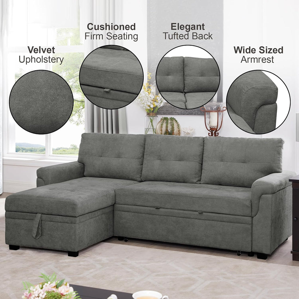 Naomi Home L Shaped Sectional Couch with Storage & Pull Out Bed – 3-in-1 Convertible Sleeper Sofa Bed, Small L Shape Sofa for Living Room, Sofa Bed with Storage Chaise in Gray, Velvet