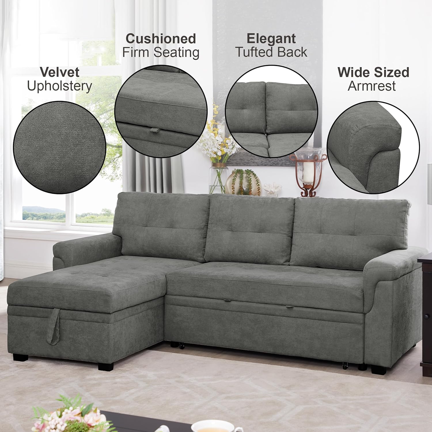 Naomi Home L Shaped Sectional Couch with Storage & Pull Out Bed – 3-in-1 Convertible Sleeper Sofa Bed, Small L Shape Sofa for Living Room, Sofa Bed with Storage Chaise in Gray, Velvet