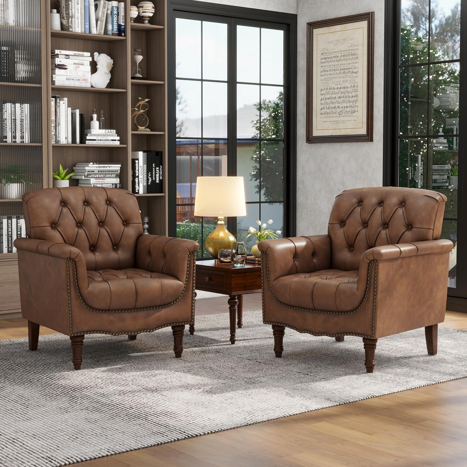 Lumibee Faux Leather Armchairs, Contemporary Accent Chairs Set of 2 with Nailhead Trims & Wood Legs for Living Room, Upholstered Comfy Arm Chairs for Office,Bedroom-Brown