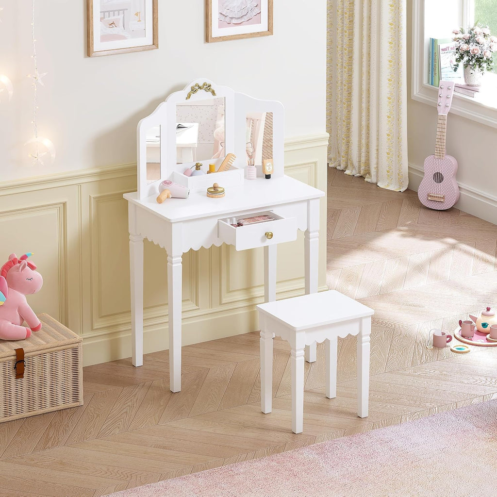 Spirich Kids Vanity Set with Mirror and Stool, Kids Make Up Vanity Desk for Little Girls, Children Makeup Dressing Table with Drawer