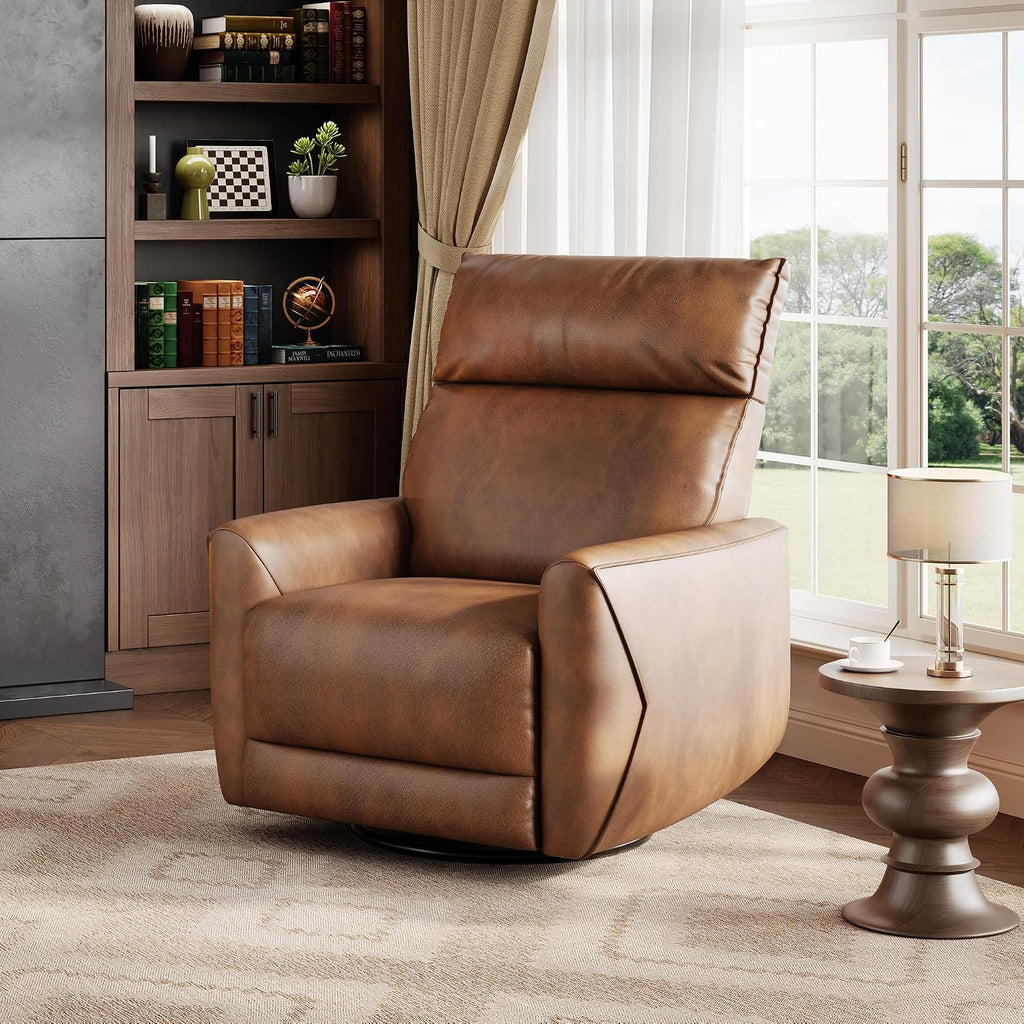 GarveeHome Power Recliner Chair, 270° Swivel Rocking Glider with USB Charging Port, PU Leather Upholstered Fabric, Ergonomic Modern Nursery Chair for Living Room, Bedroom, Nursery (Camel)