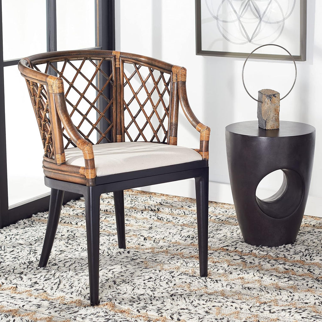 SAFAVIEH Furniture - Carlotta Rattan Arm Chair - Brown & Black - Solid Wood - Coastal Open-Arm Design - Ideal for Living Room, Sunroom, Bedroom (SEA4013C)