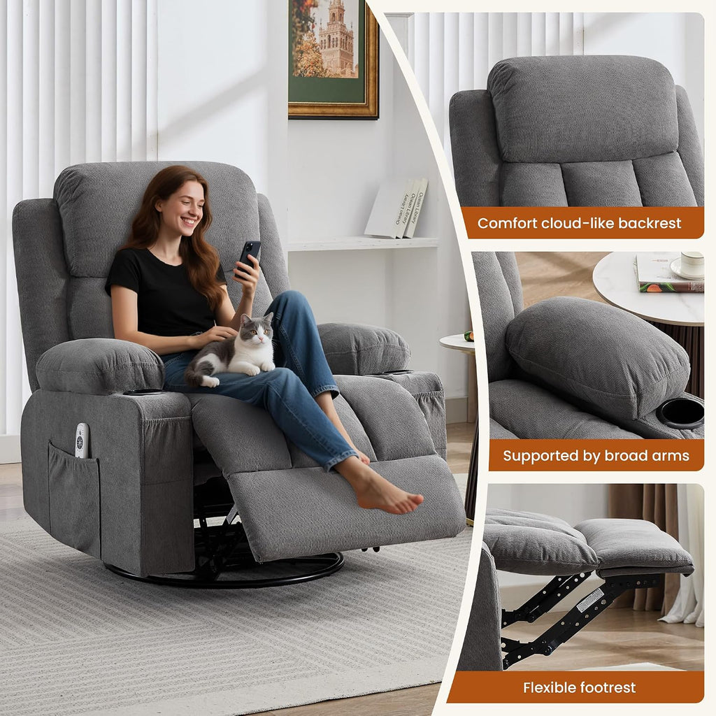 MAHOMICO Swivel Rocker Recliner Chair with Vibration Massage and Heat for Living Room,with Rocking Function and Side Pocket, USB Charge Port,2 Cup Holders