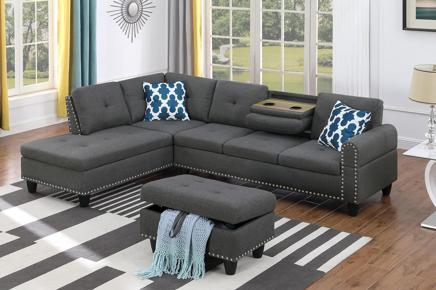 Favfurish L Shape Modular Sectional Sofa with Cup Holders and Storage Ottoman,5-Seater Tufting Upholstered Corner Couch for Living Room,Apartment,Home Furniture Sets,Dark Gray Left Chaise,98 Inch