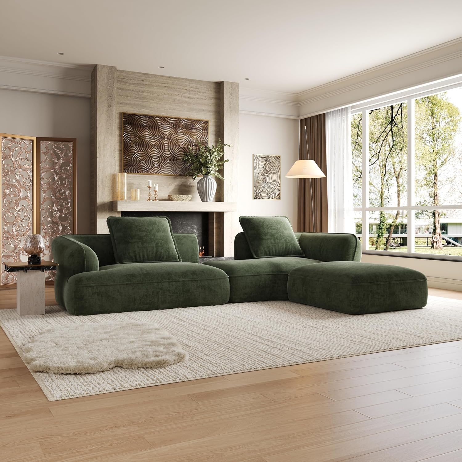 Christopher Knight Home Zacha 121' Modular L-Shape Sofa Couch with Chaise Lounge, Modern Boneless Sofa for Living Room, Fabric Upholstered Cloud Couch with Deep Seat, Olive Green