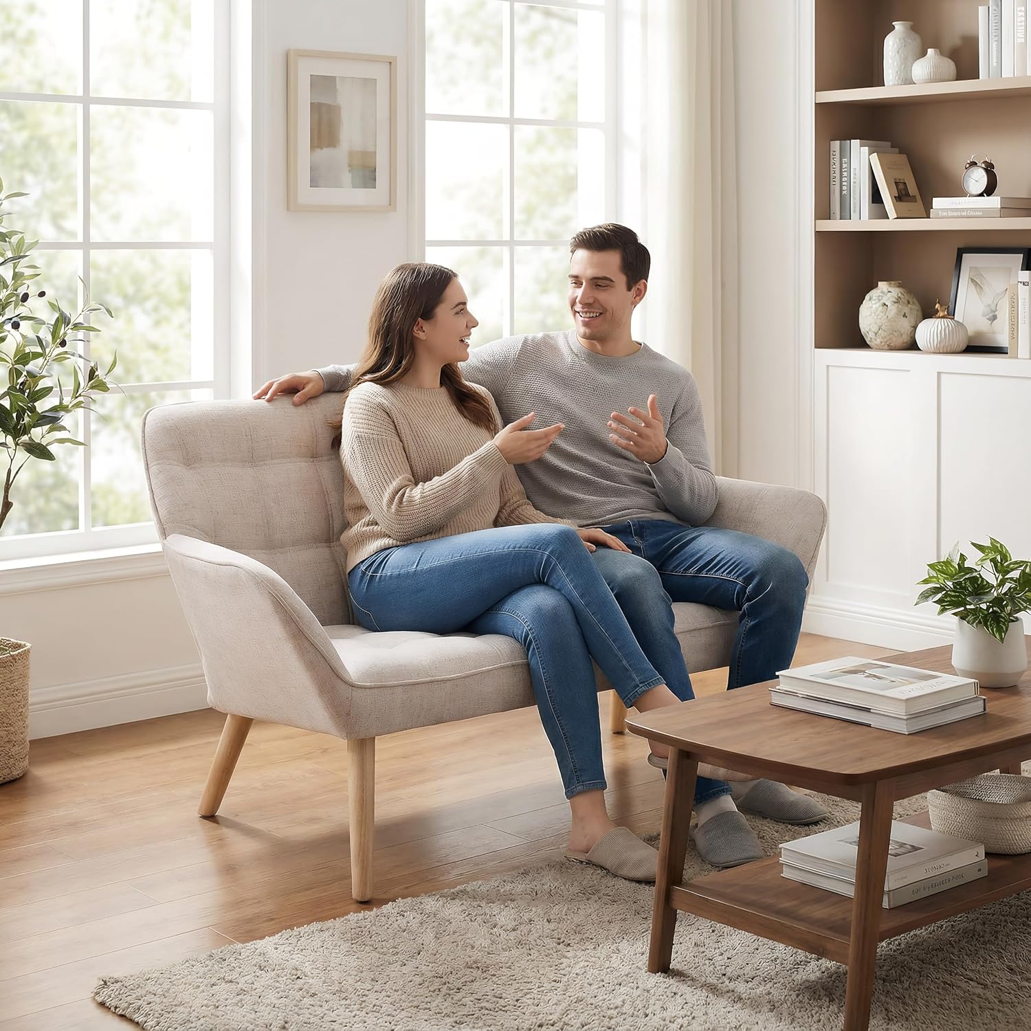 48'Small Loveseat Sofa, Modern Linen Upholstered Mini Couch 2-Seater Fluffy Love Seat with Quilting Backs and Wood Legs for Small Space Living Room, Bedroom, Beige