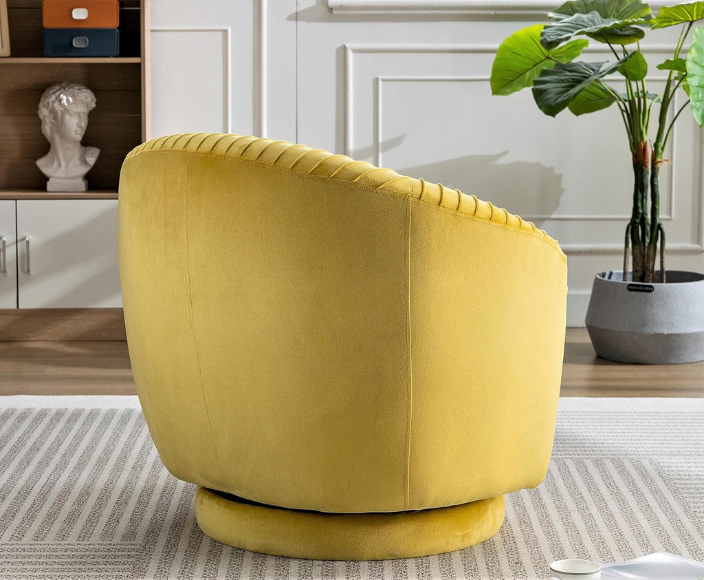 Container Furniture Direct Modern Barrel Swivel Chair with Plush Velvet Upholstery and Smooth 360° Rotation, Round Accent One-Seater Sofa for Living Room, Bedroom, and Office, Yellow