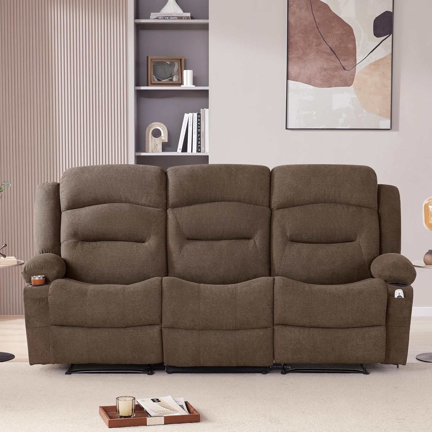 Weture Oversized Recliner Sofa with Heat and Massage, Wall-Hugger Reclining Sofa with Cup Holders and USB Port, Big Large 3-Seater RV Recliner Couch Sofa for Living Room (Fabric, Brown)