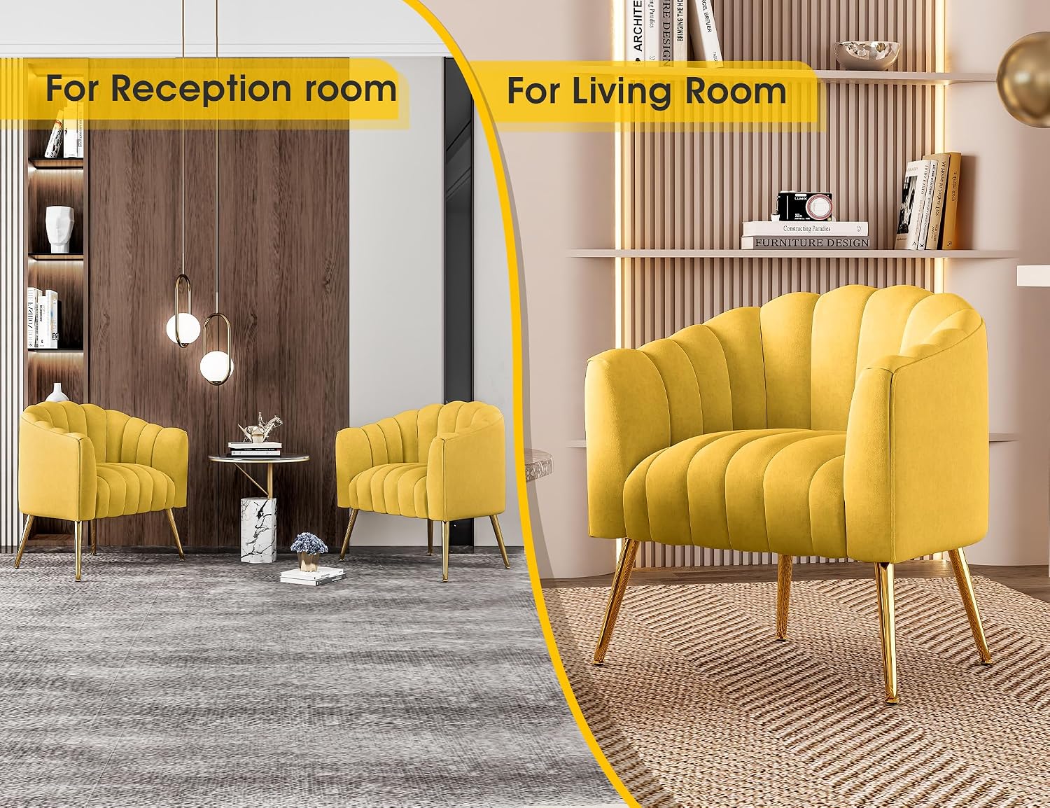 Dewhut Oversized Pumpkin Couch Accent Chair, Modern Comfy Velvet Upholstered Barrel Chairs, Luxury Single Sofa Armchair for Living Room, Waiting Room, Office and Vanity, (Yellow)