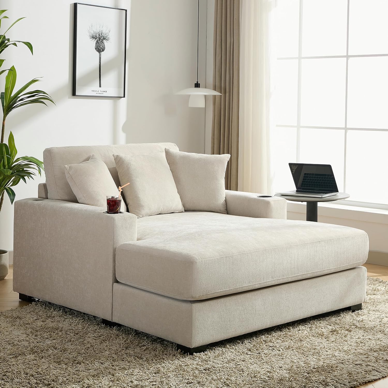 Merax Modern 55' Chaise Lounge with Pillow, Charge Station & Cup Holders,Upholstered Sofa Recliner Chair for Living Room Bedroom Cream
