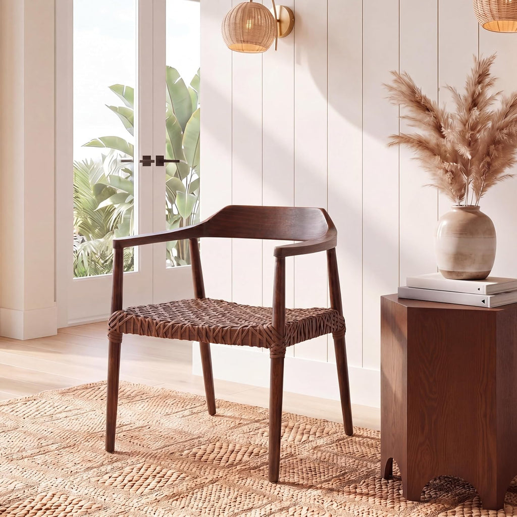 SAFAVIEH Home Collection Munro Walnut Sungkai Wood/Cognac Leather Woven Accent Chair (Fully Assembled)