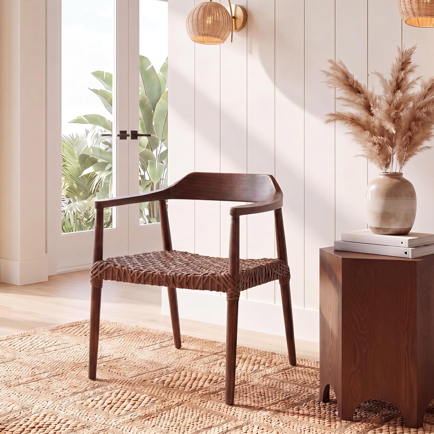 SAFAVIEH Home Collection Munro Walnut Sungkai Wood/Cognac Leather Woven Accent Chair (Fully Assembled)