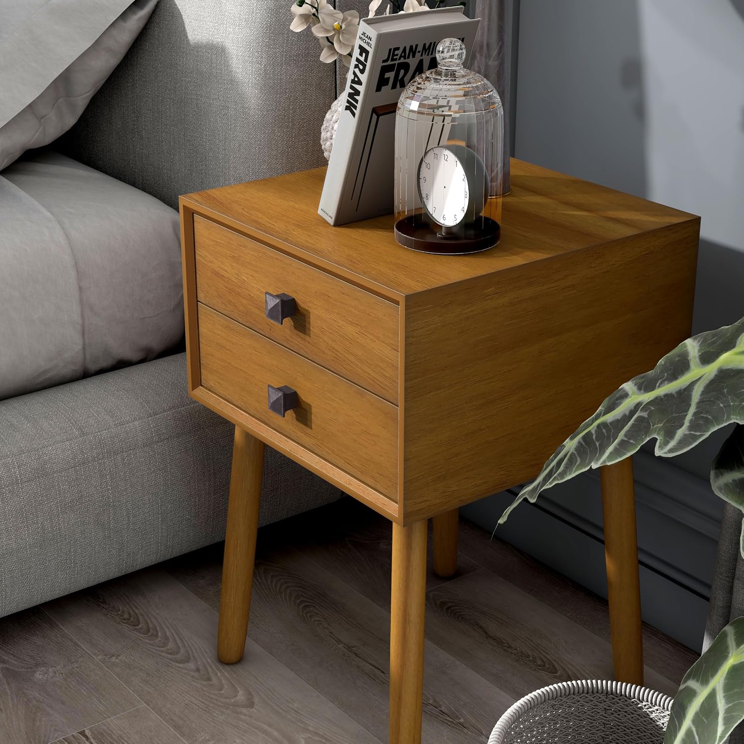 24/7 Shop at Home Goerge Mid-Century Modern Nightstand, Solid Rubber Wood Dresser, Small Bedside Tables with 2 Drawers, with Tapered Legs for Bedroom, Living Room, Home Office, Light Oak Brown
