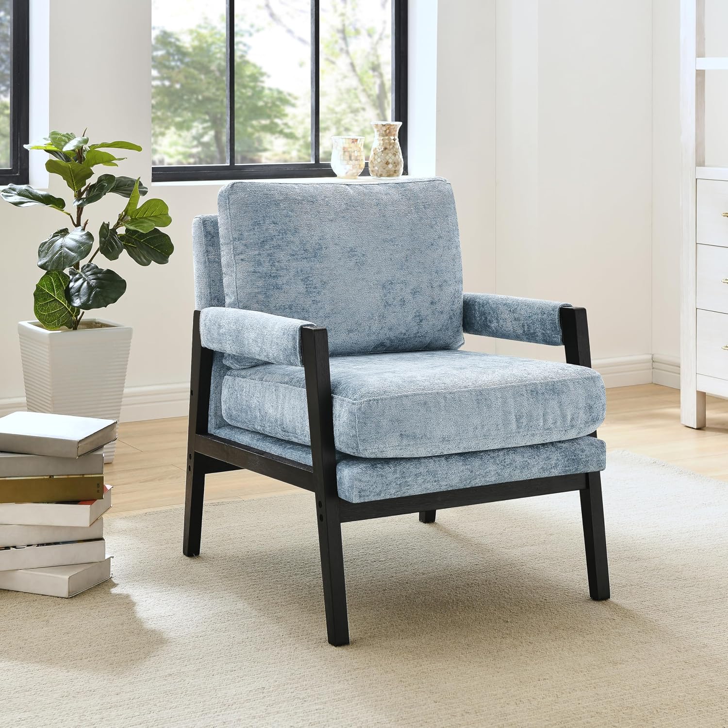 Roundhill Furniture Kelly Mid-Century Modern Chenille Upholstered Accent Armchair, Blue
