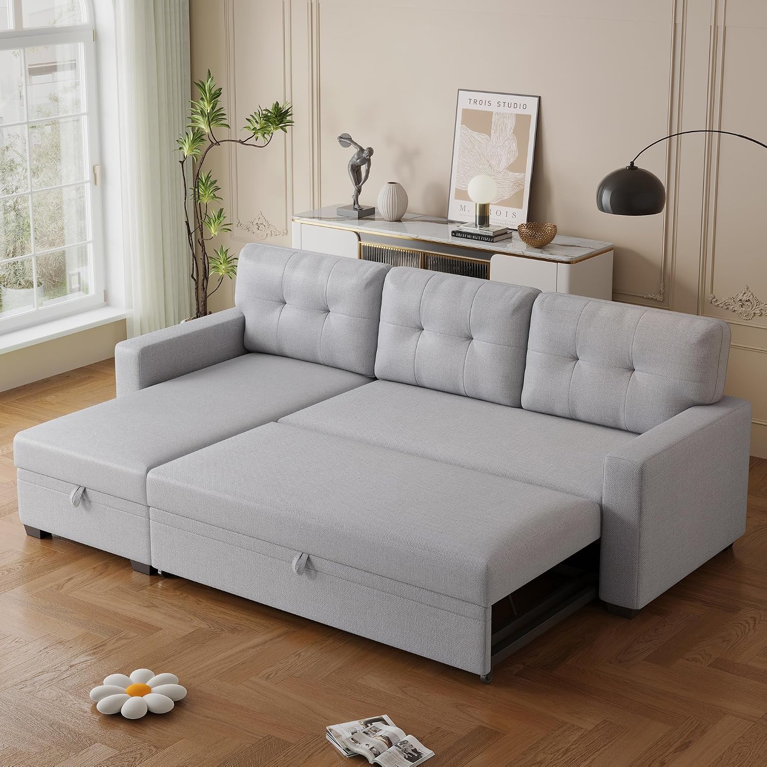 82' L-Shape Convertible Sleeper Sectional Sofa with Storage Chaise and Pull-Out Bed,Modular Corner Couch Lounge,w/Removable 3 Back Cushions and Armrest,for Home Furniture,Light Gray