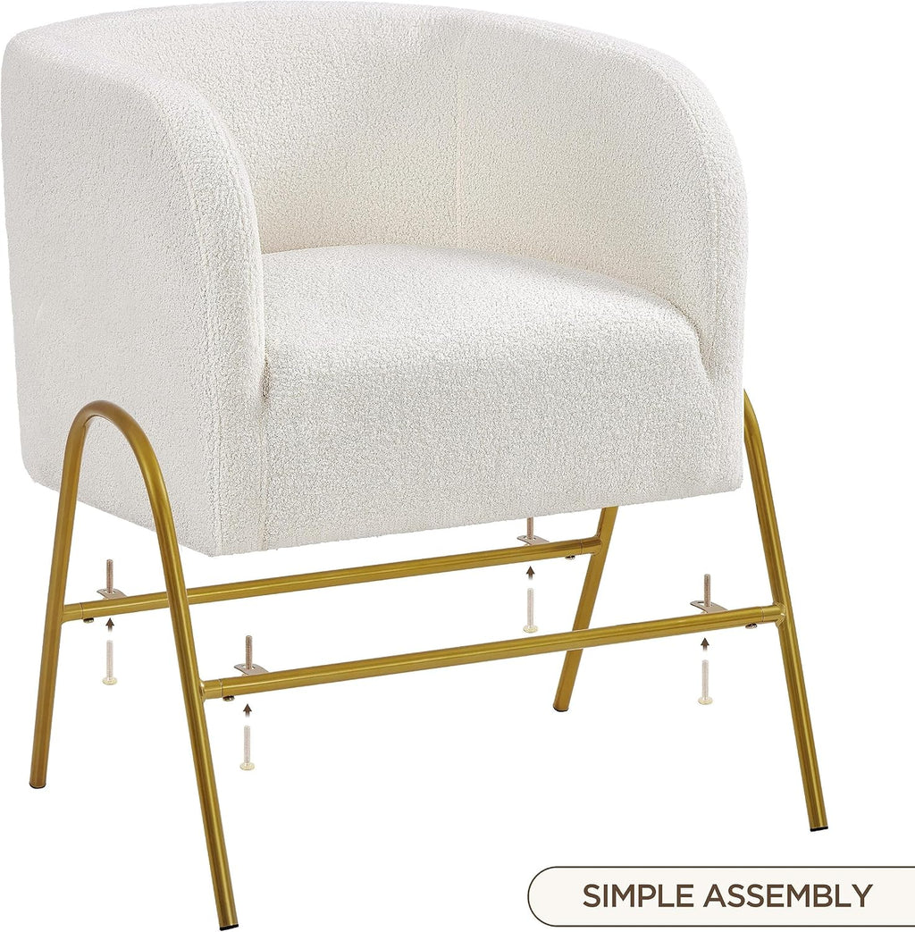 Yaheetech Accent Chair, Modern Barrel Chair, Boucle Fabric Vanity Chair with Golden Legs, Cozy Fuzzy Armchair for Living Room Makeup Room Bedroom Reading Nook Ivory
