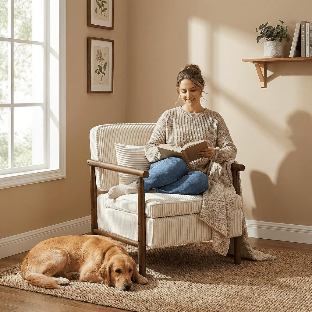 Accent Chair with Hidden Storage, Mid-Century Upholstered Armchair with Solid Wood Frame, Corduroy Fabric Accent Chair for Living Room, Bedroom, and Reading Corner(White)