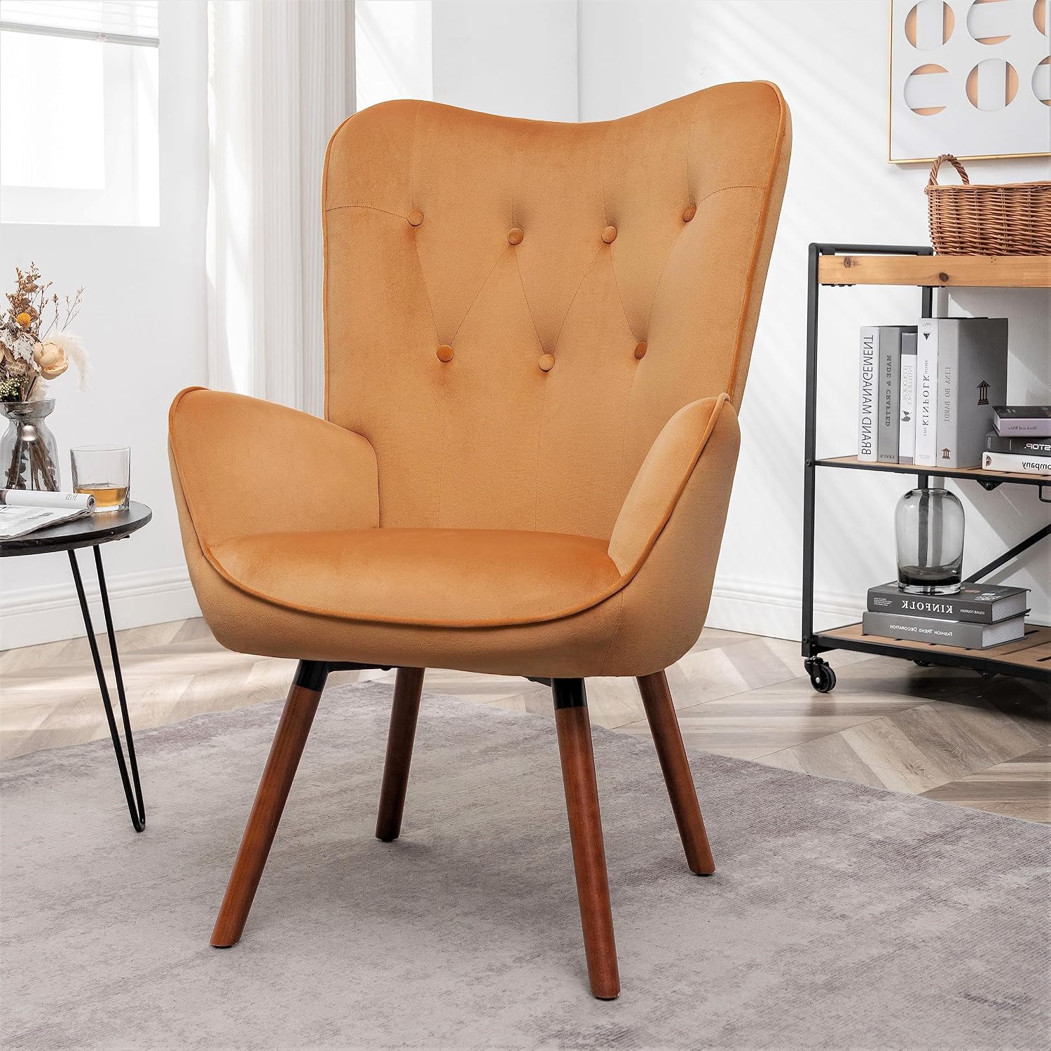 Container Furniture Direct Chic Accent Arm Chairs for Living Room, Bedroom, or Home Office, Button-Tufted Midcentury Armchair with Wingback Design and Splayed Legs, Mustard Yellow