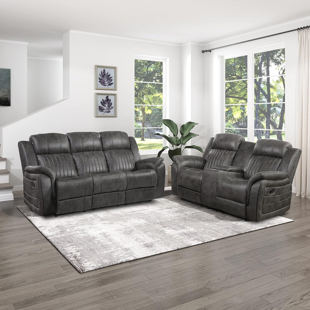 Lexicon Recliner Living Room Set, Home Theater Seating, Manual Polished Microfiber Upholstery Sofas, RV Couch Including Double Recliner Sofa and Loveseat, 2-Piece Set, Brownish Gray