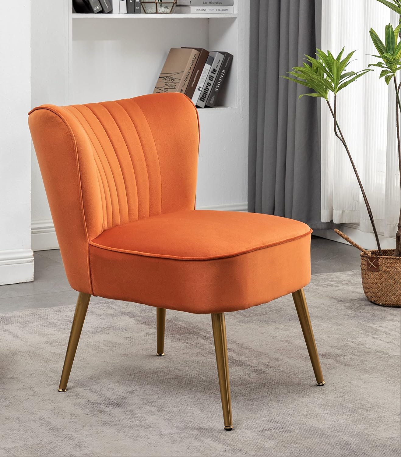 Container Furniture Direct Modern Velvet Accent Chair for Living Room, Bedroom, or Entryway, Stylish and Comfortable Armless Design with Metal Legs, Orange Red