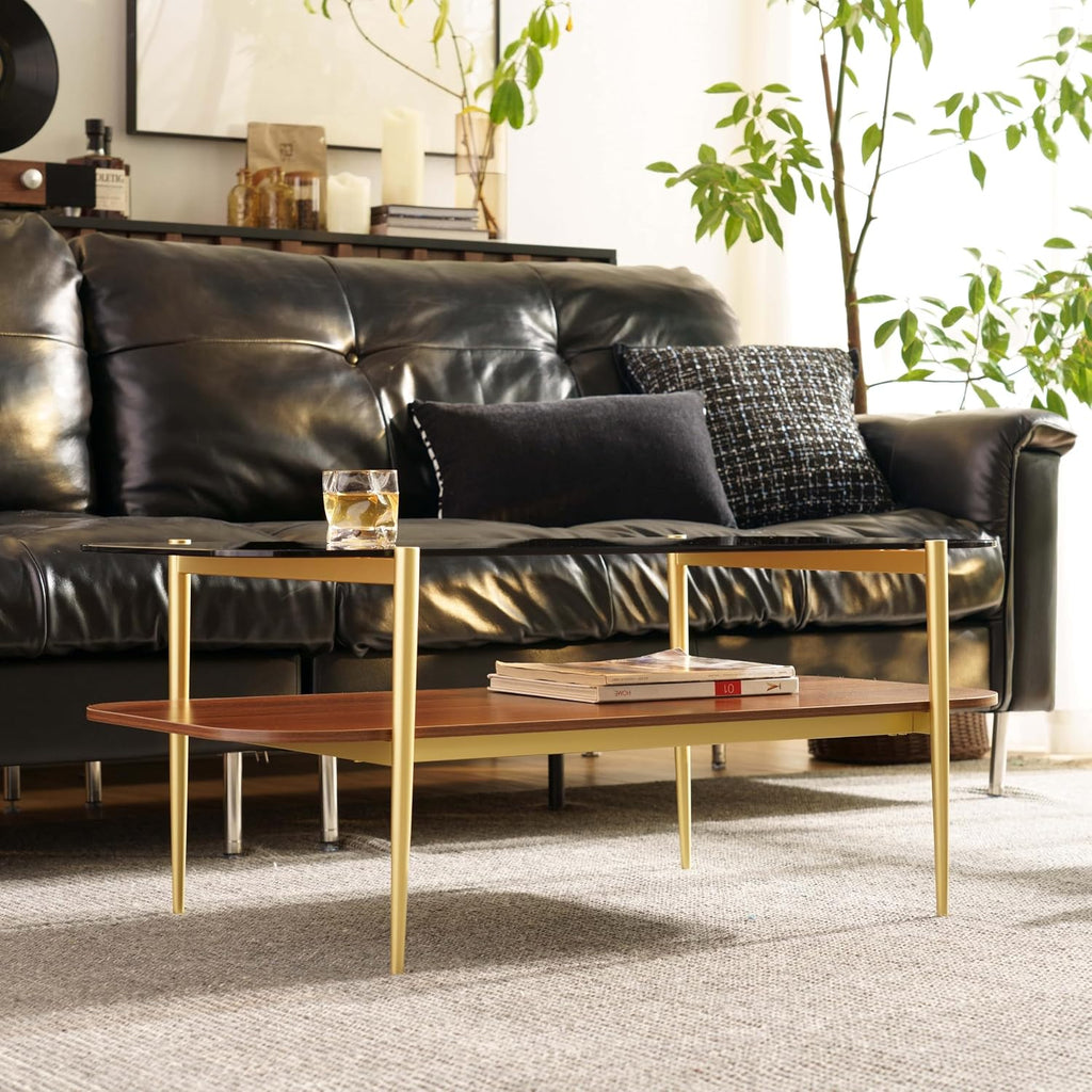 AGV LIGHTING Tadio Glass Coffee Table, Mid-Century Modern Coffee Table for Living Room, Gold Finish Leg, Coffee Brown Glass Top & Walnut Brown Shelf, Rounded Corners
