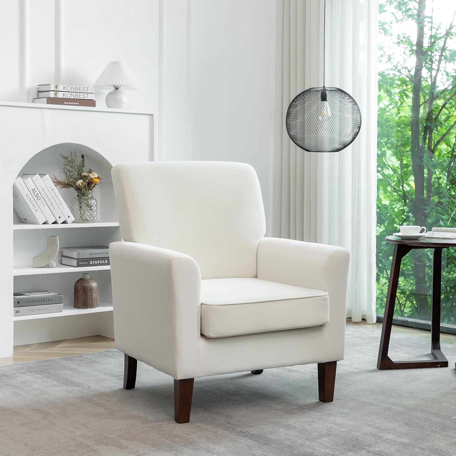 Container Furniture Direct Contemporary Accent Arm Chair with Birch Wood Frame and Velvet Upholstery, Armchair for Office and Living Room Decor, Removable Cushions, Beige