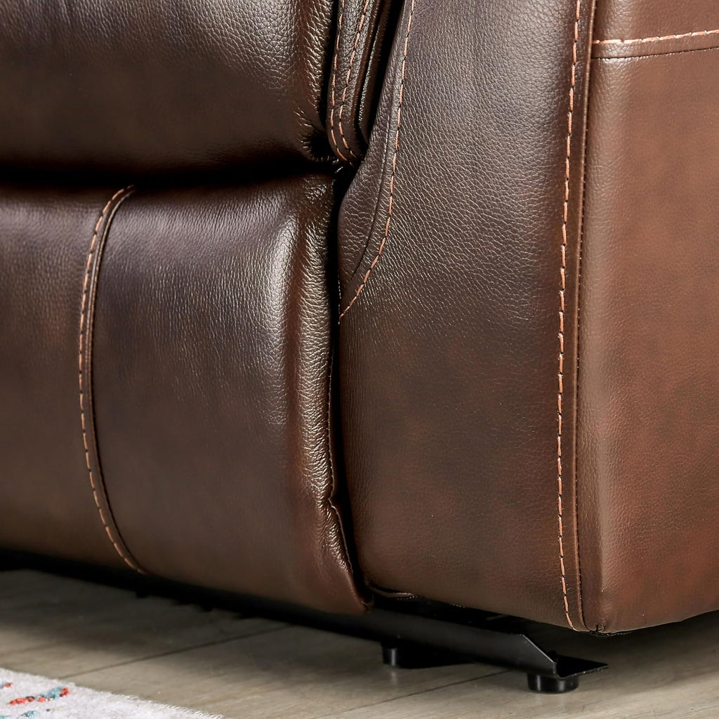 Furniture of America Corrals 77 inches Top Grain Leather Upholstered 2-Seater Power Recliner Loveseat with Cupholders and USB Port for Living Room, Home Office, Brown