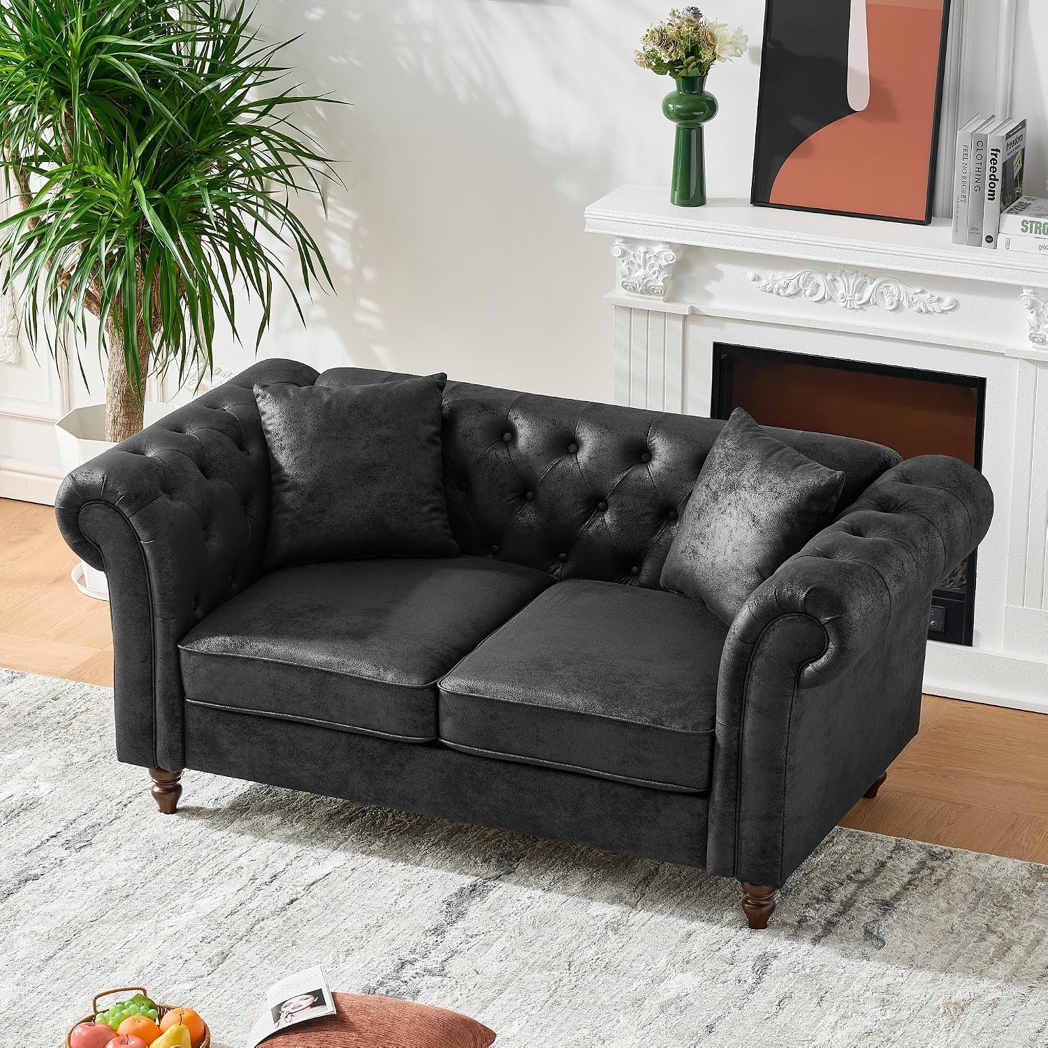 GDFStudio 66' Chesterfield Tech Loveseat Sofa Couch, Mid Century Modern 2 Seat Sofa & Couches with Pillows, Roll Armrest Upholstered Couch for Living Room Apartment Office Home Seating, Black