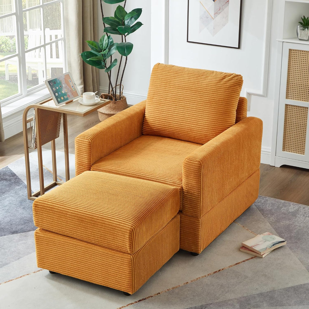 Ball & Cast 57' Classic Corduroy Chaise Lounge Chair,Comfy Sofa Chaise Couch Sleeper Chair,Upholstered Accent Chair W/Ottoman,Leisure Sofa Recliner Reading Chair for Living Room,Bedroom,Office,Yellow