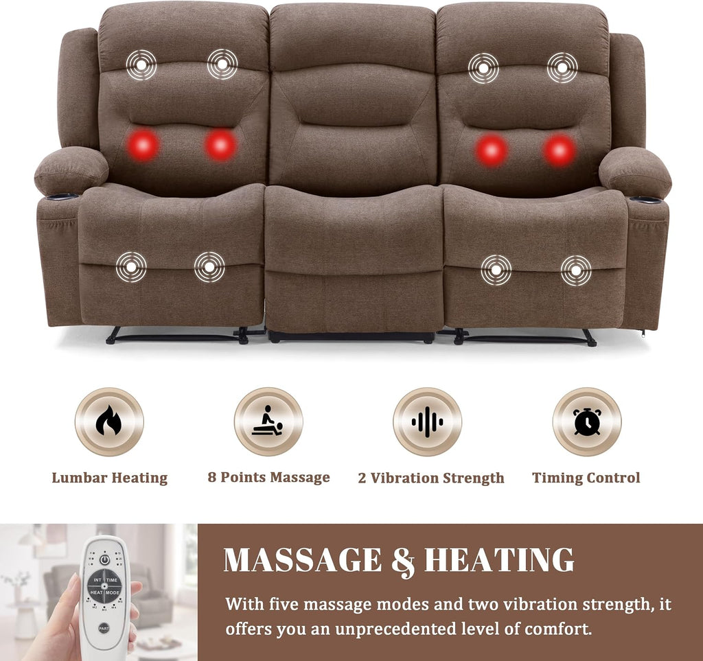 Weture Oversized Recliner Sofa with Heat and Massage, Wall-Hugger Reclining Sofa with Cup Holders and USB Port, Big Large 3-Seater RV Recliner Couch Sofa for Living Room (Fabric, Brown)