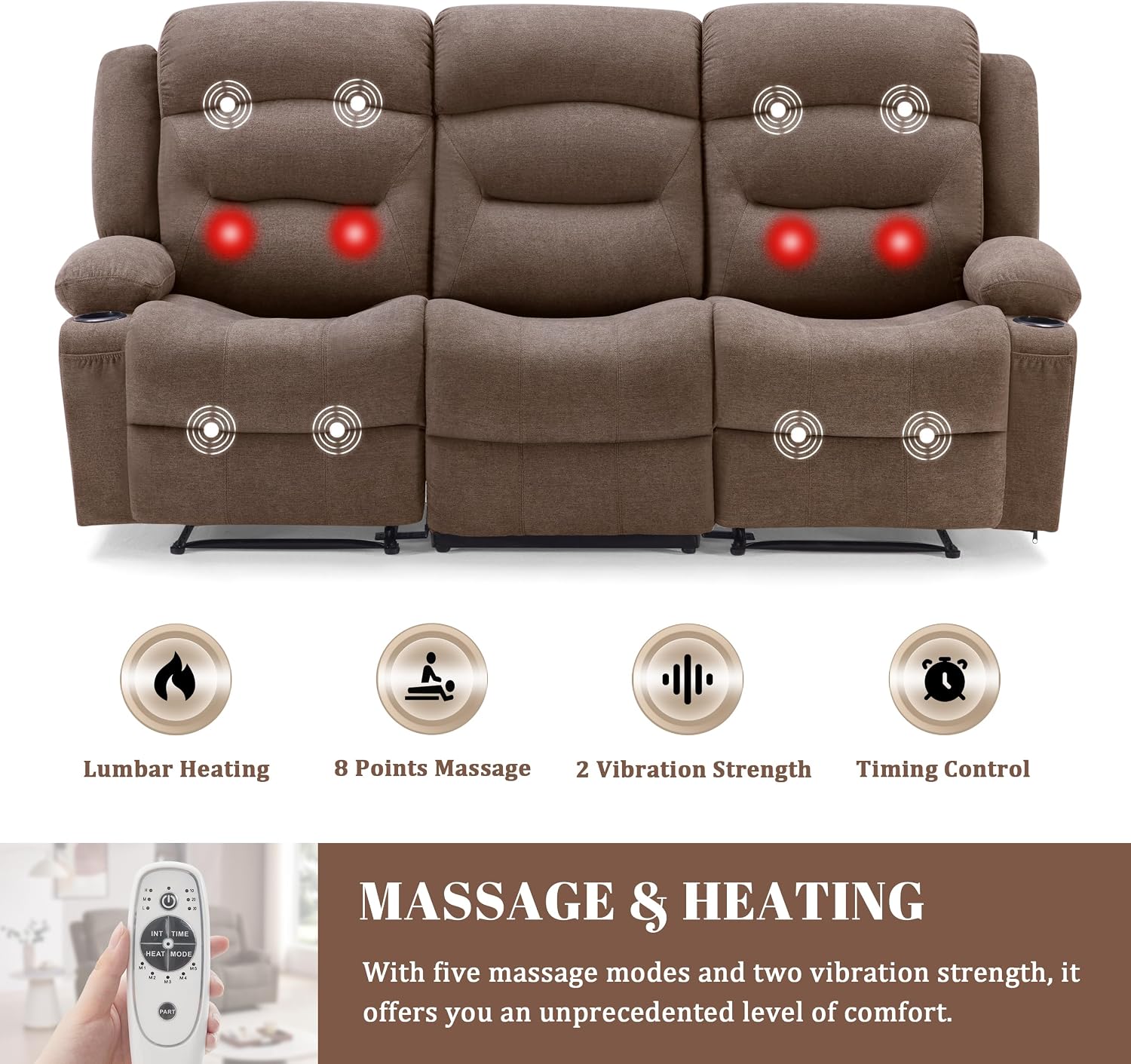 Weture Oversized Recliner Sofa with Heat and Massage, Wall-Hugger Reclining Sofa with Cup Holders and USB Port, Big Large 3-Seater RV Recliner Couch Sofa for Living Room (Fabric, Brown)